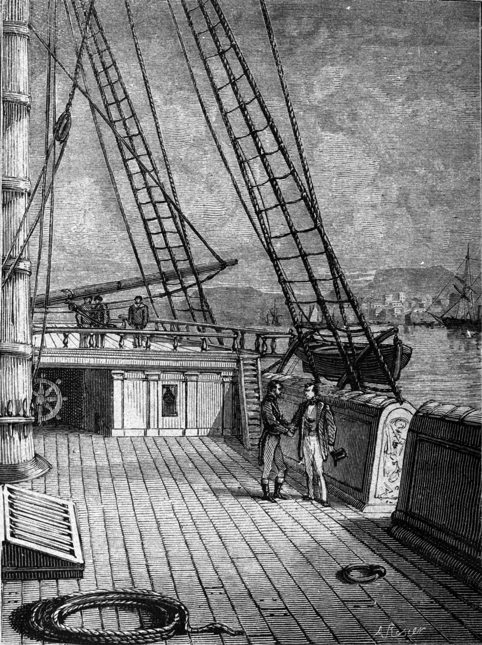 Samuel Finley Breese Morse amerikai feltaláló (1791-1872) a „Sully” hajó fedélzetén 1832.10.13-án. Ezen az úton dolgozta ki a távíró feltalálásának alapjait. századi metszet alkotó: Unknown artist
