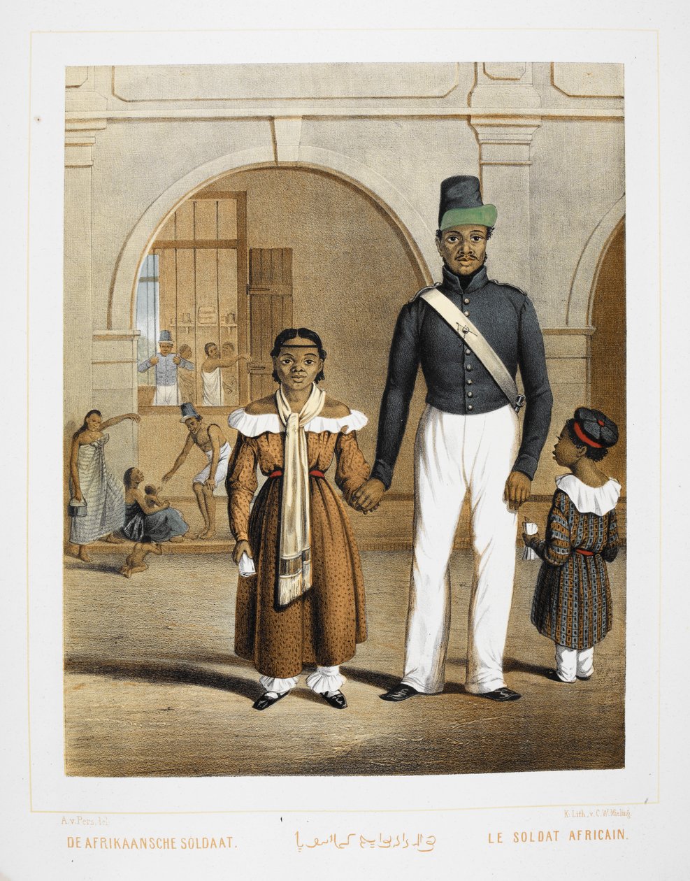 Afrikai katona a családjával. Indonézia lakói. alkotó: Unknown artist