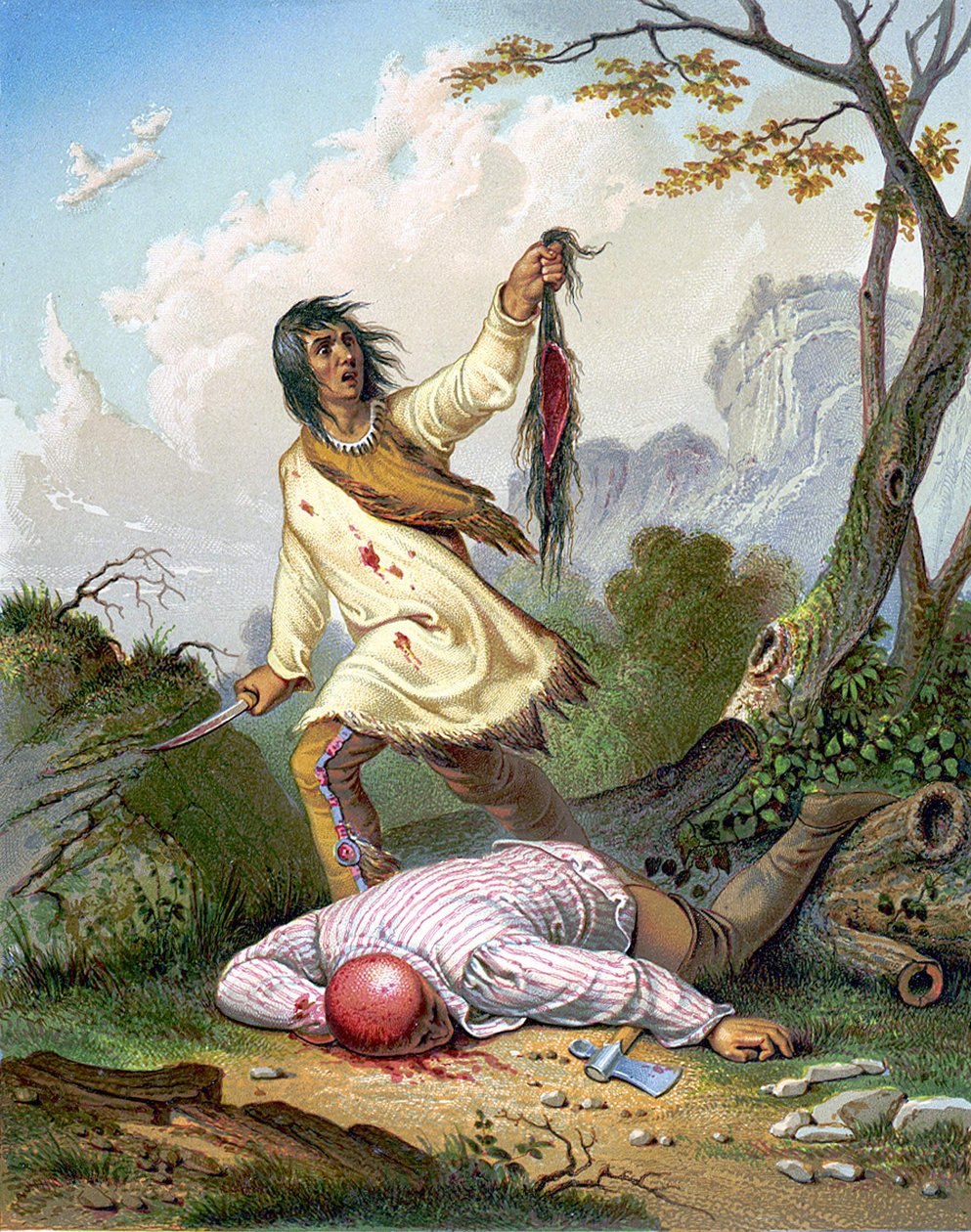 Egy amerikai indián kést és fejbőrt tart egy földön fekvő férfi fölött. Metszet 1860. v. alkotó: Unknown artist
