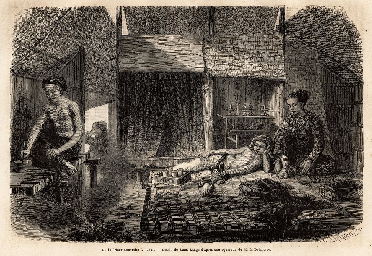 Annami belső tér Lakonban (Laosz). Metszet az indokínai felfedezőút illusztrálására, Francis Garnier, de Vaissseau hadnagy 1866-1868-ban, megjelent a „Le tour du monde”” 1870-1871-ben, szerkesztette Edouard Charton, kiadás Hachette, Pa. alkotó: Unknown artist