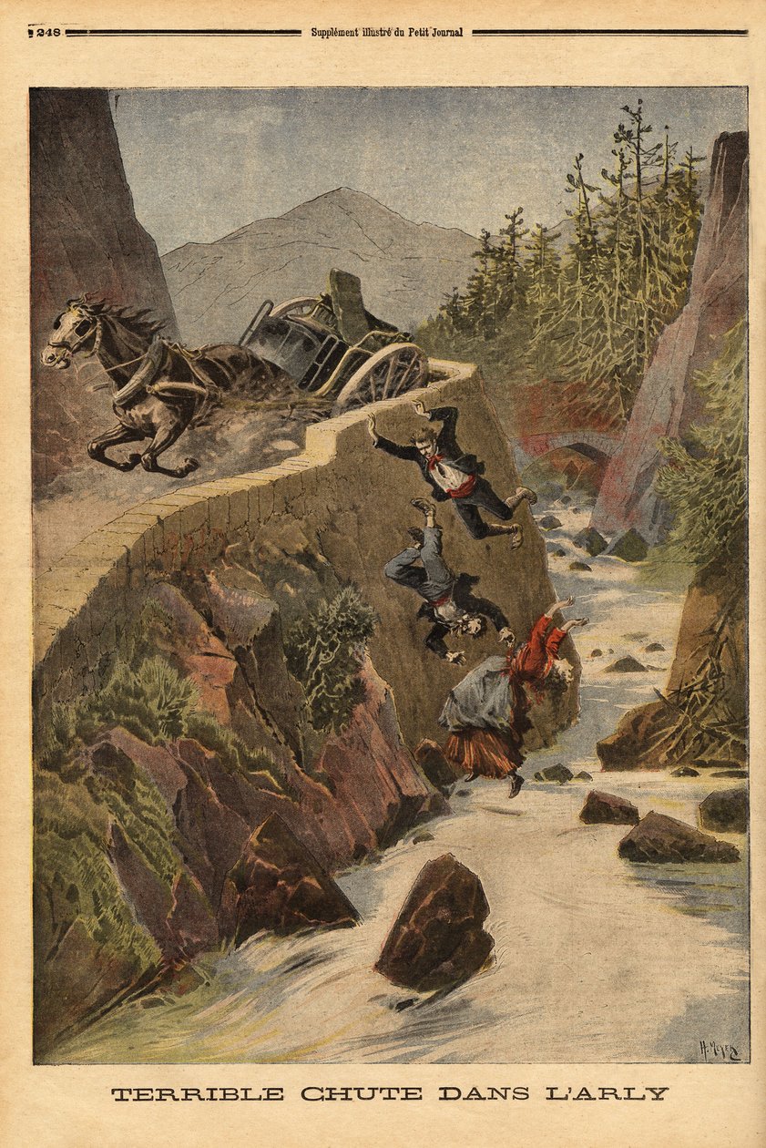 Tankbaleset történt egy padon Savoie-ban, a jármű felborul, az utasok pedig kicsapódnak Arlyban. Metszet a „” Le petit journal”-ban 1896.02.08. Selva gyűjteménye. alkotó: Unknown artist