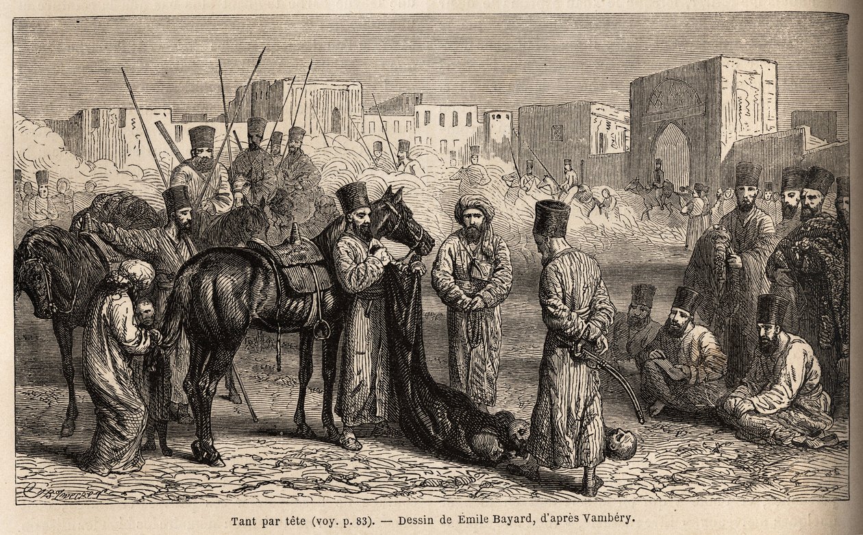 A kán könyvelője megkapja az ellenségek és a túszok fejét, a lovak farkához kötözött nőket és gyerekeket. Emile Bayard (1837-1891) rajza a közép-ázsiai utazás szemléltetésére 1863-ban Arminius Vambery (magyar tudós) alkotó: Unknown artist