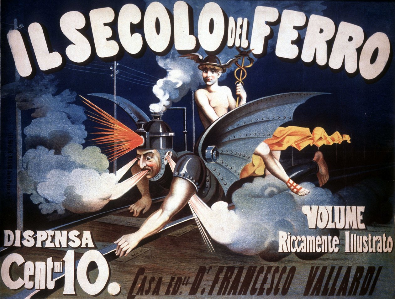 Egy félig vonat, félig sárkány gép allegorikus ábrázolása, emberi arccal a fejlődést szimbolizálva. „A vas évszázad”. Névtelen a 19. század végéről. alkotó: Unknown artist