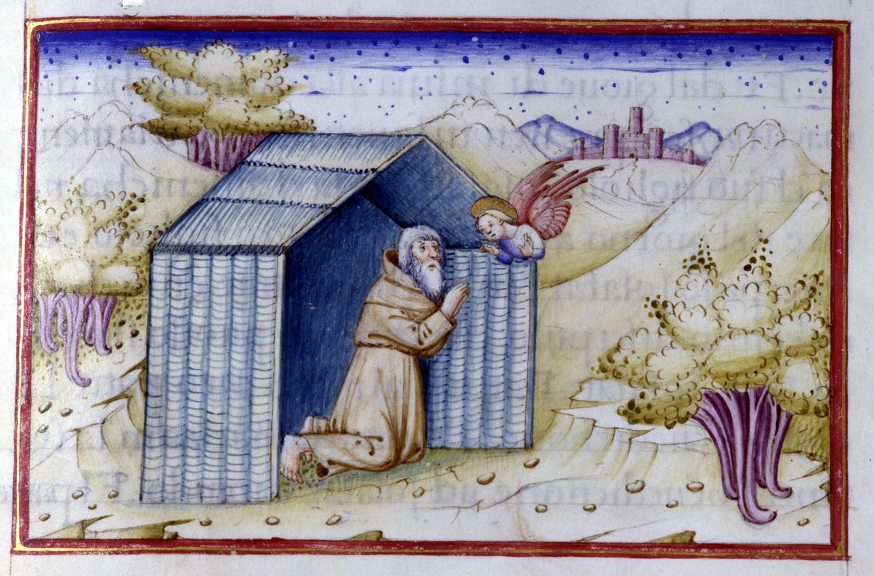 Egy angyal meglátogat egy remetét. 15. századi kézirat. Bibl. Nazionale Braidense. alkotó: Unknown artist