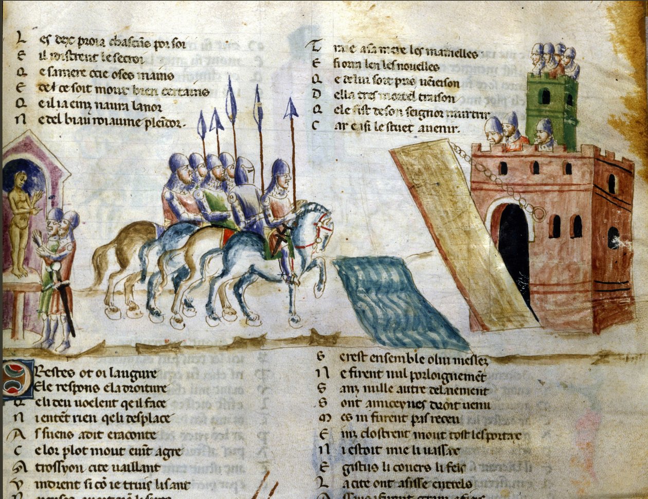 Sereg közeledik egy várhoz. A „Roman de Troy” miniatúrája, Benoit de Sainte Maure. 14. század, Biblioteca Marciana, Velence alkotó: Unknown artist
