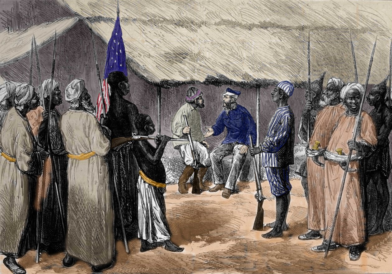 David Livingstone (1813-1873), angol misszionárius és Afrika felfedezője és Henry Morton Stanley, walesi újságíró, Afrika-kutató (1841-1904) találkozása egy közép-afrikai faluban. alkotó: Unknown artist