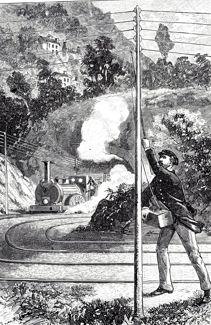 Egy vasúti távírón vészjelzést küldő vonatmunkást ábrázoló metszet alkotó: Unknown artist