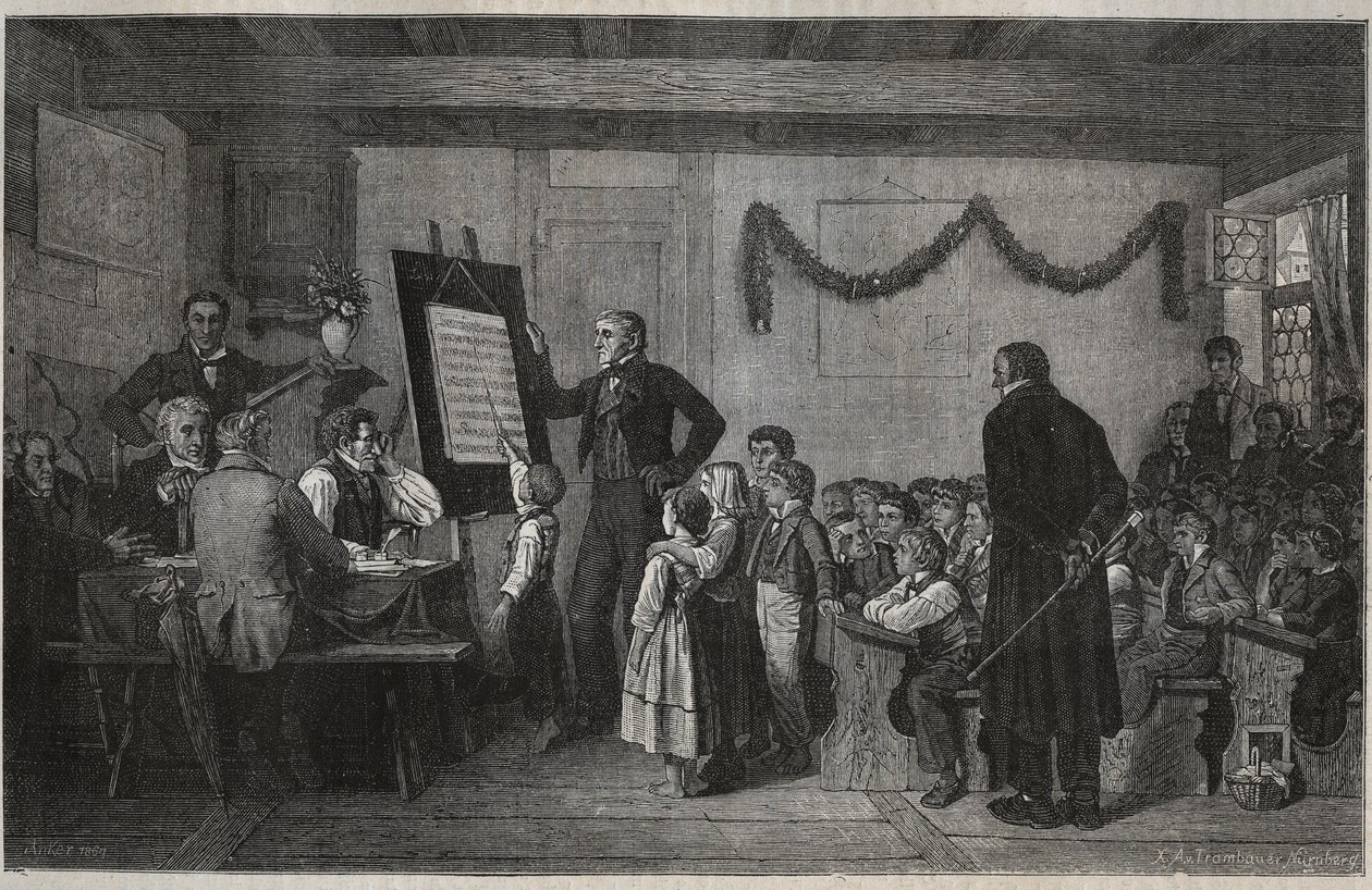 Vizsga egy svájci iskolában – Jules Gourdault „La suisse” metszete alkotó: Unknown artist