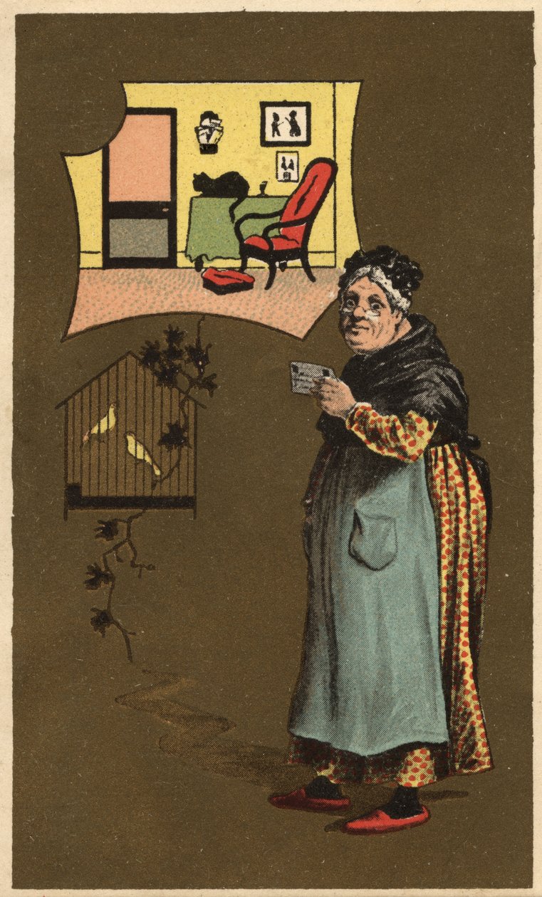 Egy idős nő, aki egy csésze közelében egy ketrec madarakkal. Névtelen kromolitográfia, 19. század vége. alkotó: Unknown artist