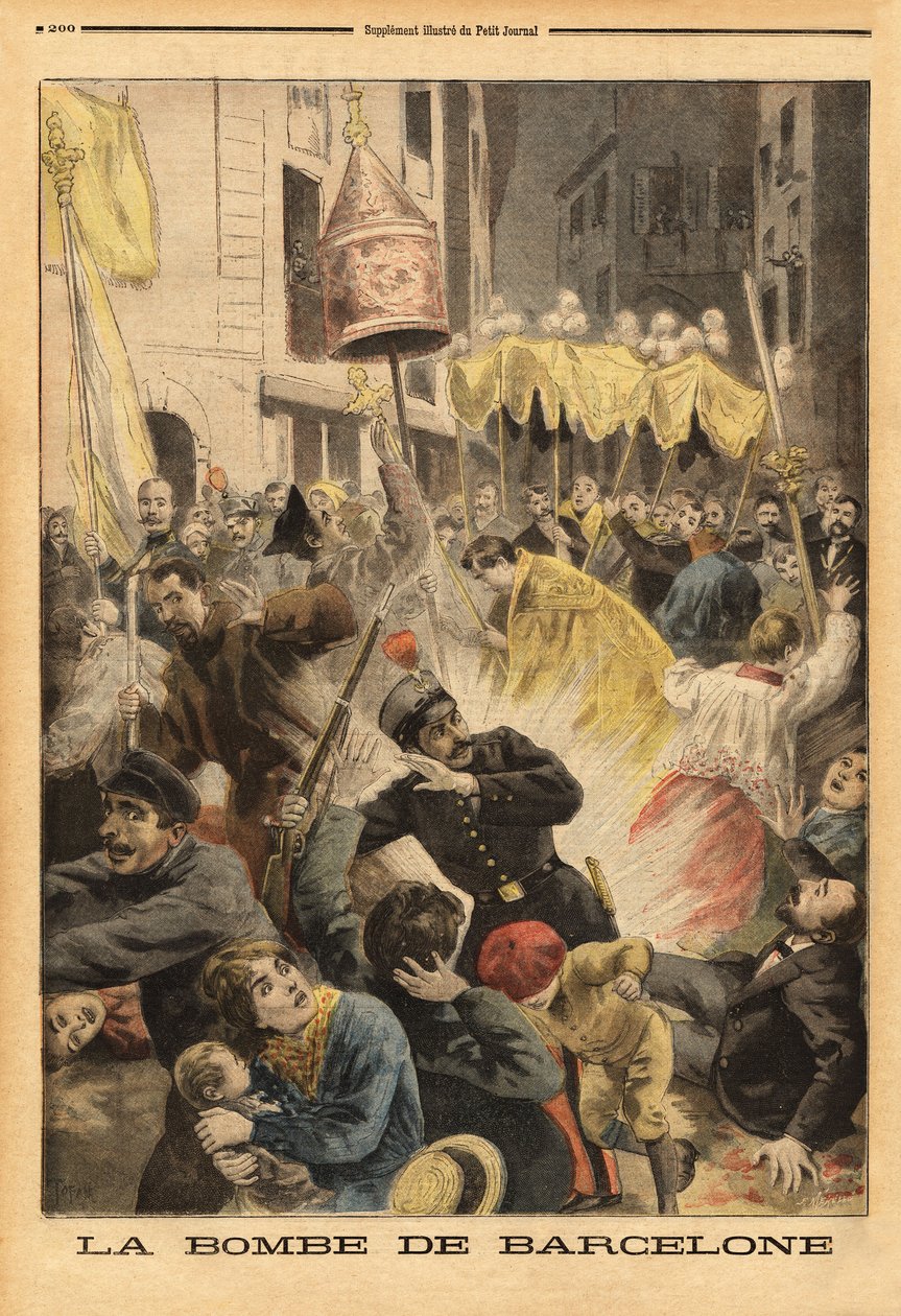 Anarchista támadás Barcelonában, bombarobbanás a Santa Maria templomot elhagyó menetben, utcai nuevos cambios. Metszet a „” Le petit journal”-ban” 1896.06.21. Selva gyűjteménye. alkotó: Unknown artist