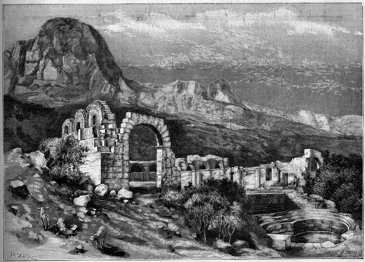 Ókori építészet: Zaghouan római templomának romjai (Tunézia). Riugel metszete az 1882. április 22-i „” The Illustrous World”” 1308. sz. alkotó: Unknown artist