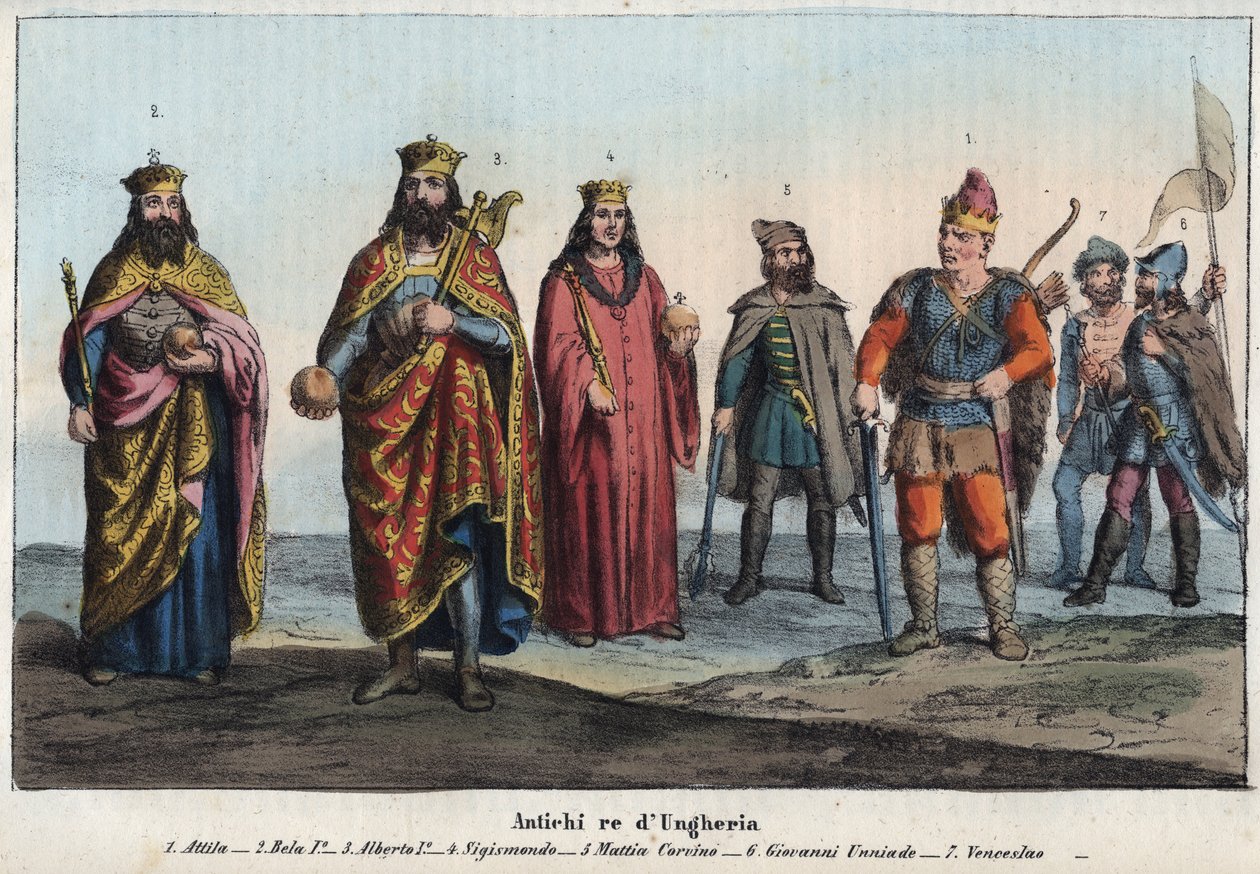 Ősi magyar király - Attila (kb. 395-453) - I. Béla a Bajnok vagy Bölcs (Böla Béla Árpád Böla Béla vagy Bajnok Béla, kb. 1015-1063) - I. Albert Németország (I. Albert Habsburg alkotó: Unknown artist