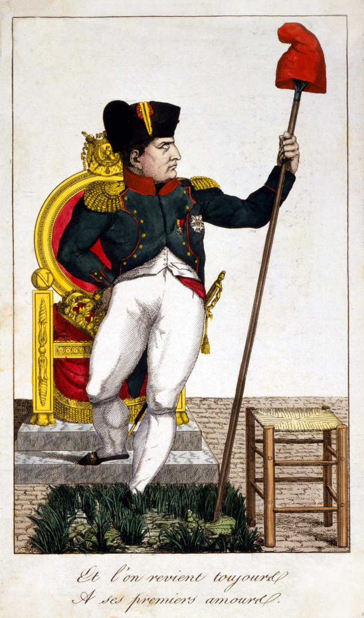 És mindig visszatérünk első szerelméhez, egy karikatúrához I. Napóleon 1815-ös hatalomátvételéről (Száz nap epizódja). alkotó: Unknown artist