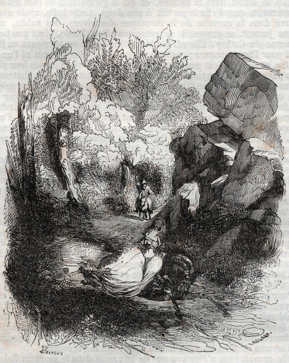 Angelique (Angelica) a régi remete elől menekül – Ludovico Ariosto (Orlando furioso) 1851-es metszete (16. század), Ariosta néven ismert – Tressan grófja olasz nyelvről fordította, Gustave Harvard adta ki. 1 alkotó: Unknown artist
