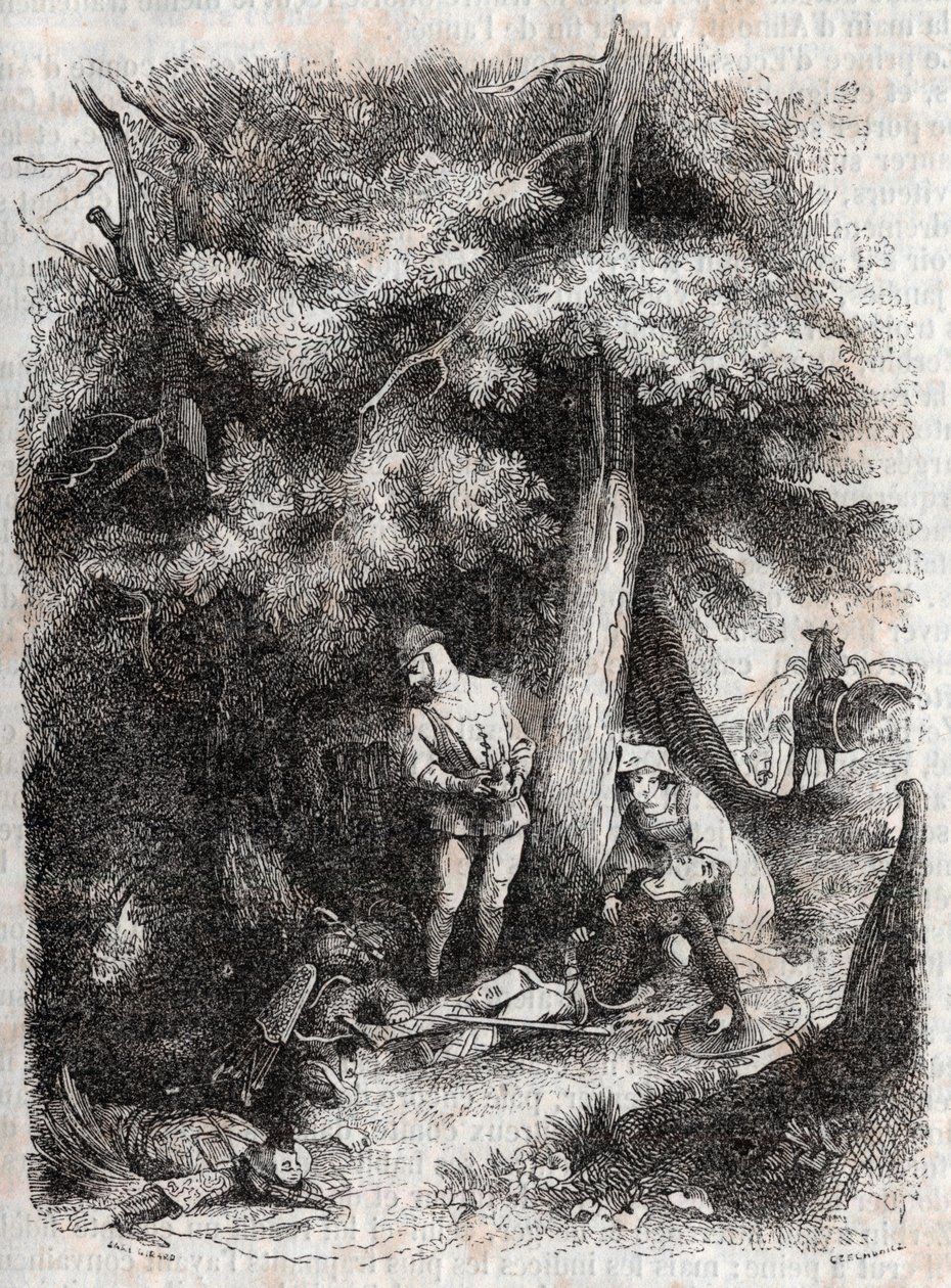 Angelique (Angelica) megmenti Medor (Medoro) wesse-t - 1851-es metszet Ludovico Ariostotól (Orlando furioso) a „" Furious Roland" (Orlando furioso) (16. század) -tól, Ariosta néven ismert - Tressan grófja olasz nyelvről fordította és kiadó Gustave Harv alkotó: Unknown artist