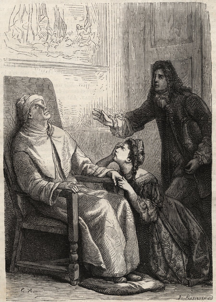 Angelique letérdel az apja elé, akit halottnak hisz – metszet Jean Baptiste Poquelin dit Moliere (1622-1673) számára (A képzeletbeli érvénytelen) alkotó: Unknown artist