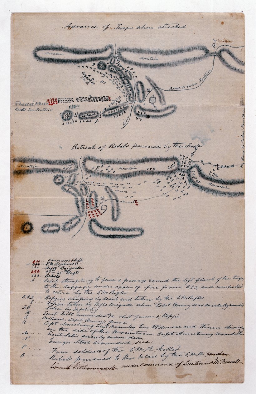 Az 1848. augusztus 29-i boomplaatsi csata jegyzetekkel ellátott vázlatos térképe (papír) alkotó: Unknown artist