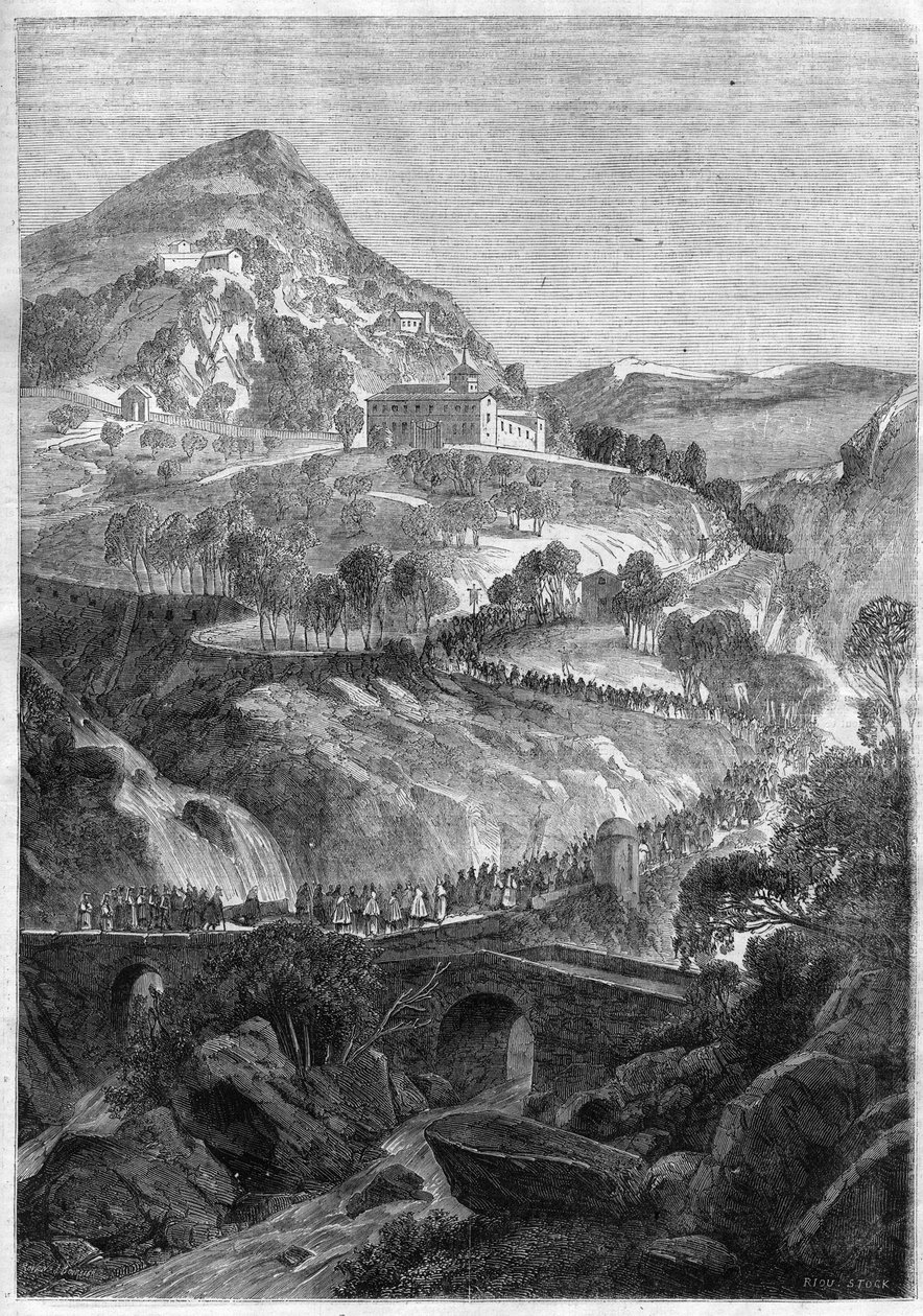 Éves zarándoklat március 21-én a Róma melletti Cavo-hegyen (Colli Albani) lévő Szent Benedek kolostorban - 1868-as metszet alkotó: Unknown artist