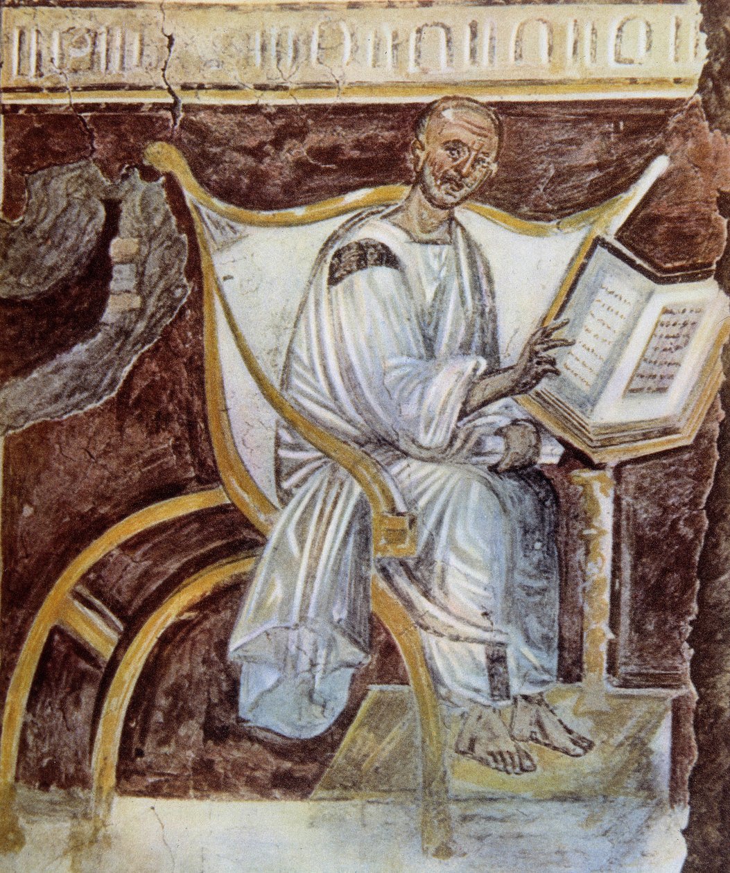 Névtelen (VI. század körül). Szent Ágoston legrégebbi portréja (354-430). Róma. Palazzo Lateranense, Scala Santa (Szent lépcsőház). Hasonmás. alkotó: Unknown artist
