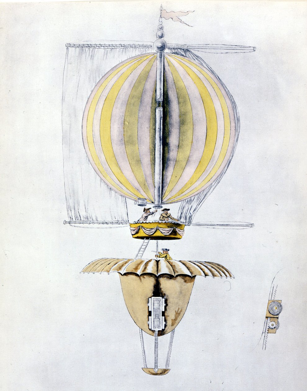 Névtelen rajz egy vitorlás léghajó léggömbről kúpos ejtőernyővel. alkotó: Unknown artist