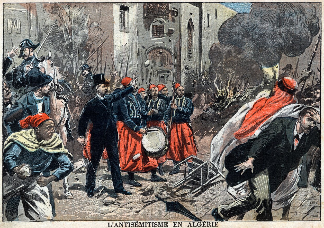 Antiszemitizmus Algériában 1898-ban - Algírban antiszemitizmus elleni tiltakozások zajlottak, Louis Lepine főkormányzó közbelépett, hogy megállítsák a zsidó üzletek kifosztását – ez a február 6-i „Le-Pelerin” című újság illusztrációja. alkotó: Unknown artist