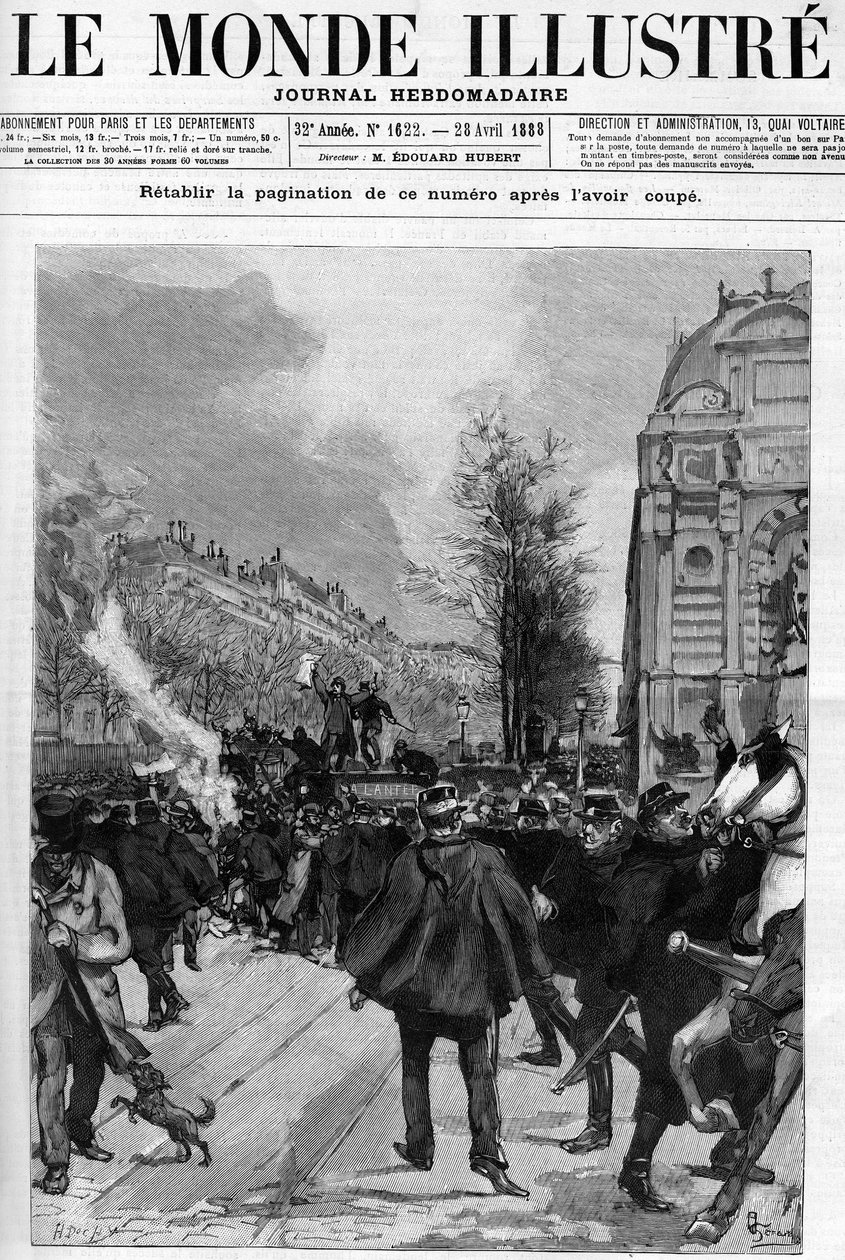 Pékségellenes bemutató: Szent Michel téri bemutató, ahol a „Lámpás” másolatait égetik el. Gerardin rajza az 1888-as „The Illustrous World” borítójához. alkotó: Unknown artist
