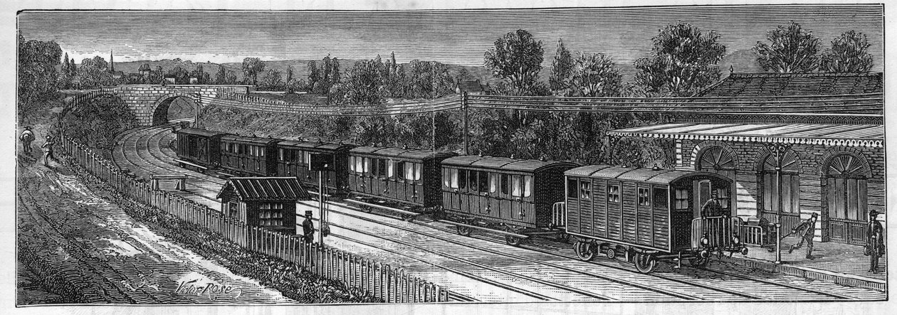 Faure akkumulátorok alkalmazása: Villanyvonat vasúti hangon egy állomáson. Metszet a „” Le Monde Illustré”-ben alkotó: Unknown artist