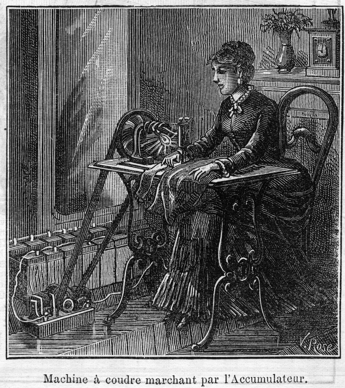 Faure akkumulátorok alkalmazása: elektromos varrógép áthalad az akkumulátoron. Metszet a „” Le Monde Illustré”-ben alkotó: Unknown artist
