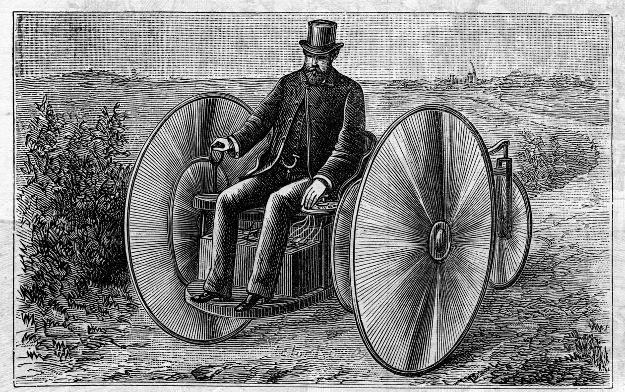 Faure akkumulátorok alkalmazása: az akkumulátoron áthaladó elektromos tricikli. Metszet a „” Le Monde Illustré”-ben alkotó: Unknown artist