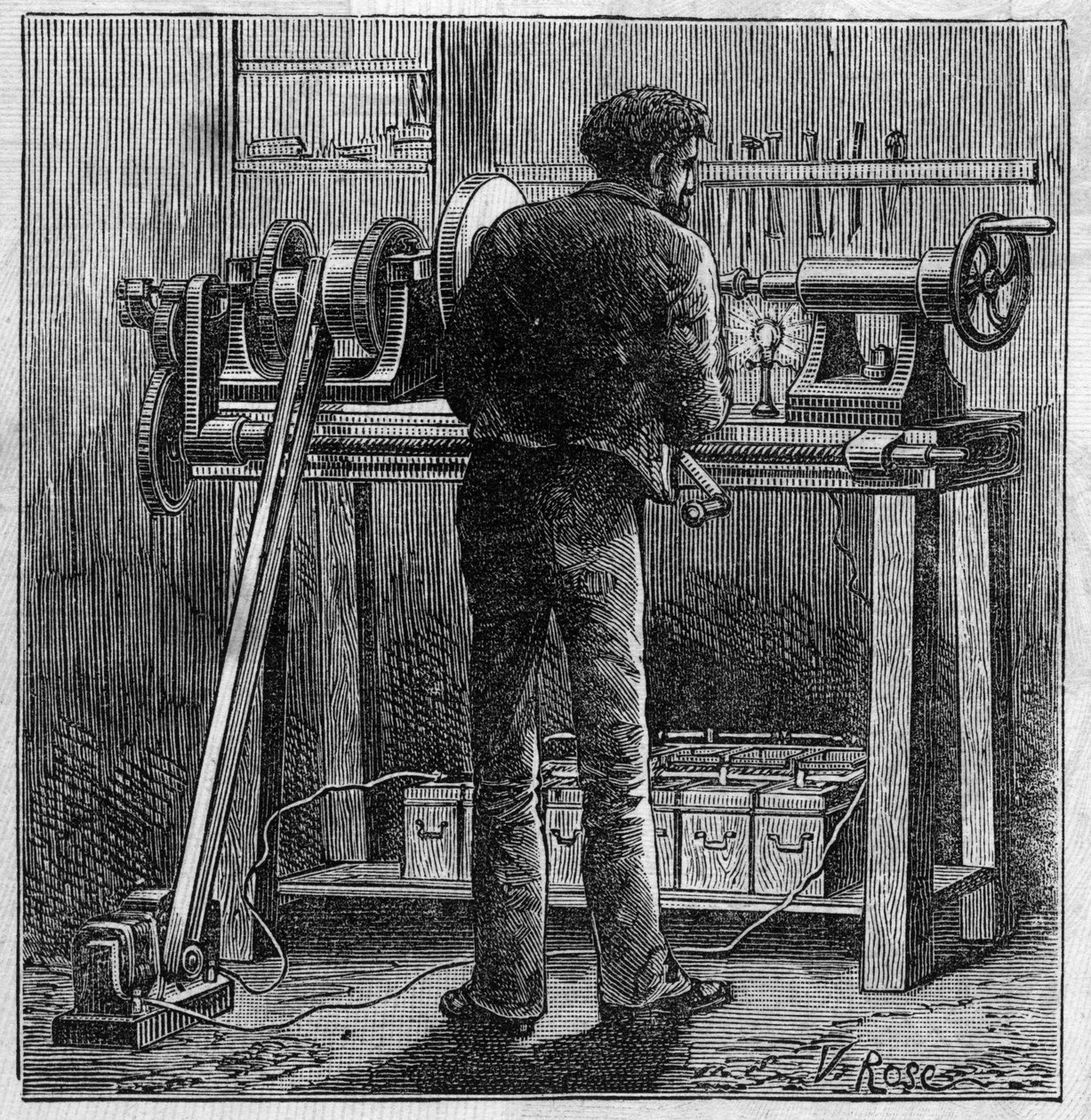 Faure elemek alkalmazása: az akkumulátorról táplált mesterember köre. Metszet a „” Le Monde Illustré”-ben alkotó: Unknown artist