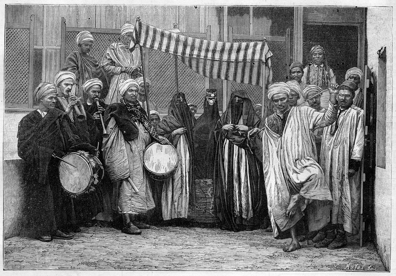 Arab szokások Egyiptomban: Menyasszonyi Cortege Kairóban. Metszet a „” Le Monde Illustré”-ben alkotó: Unknown artist