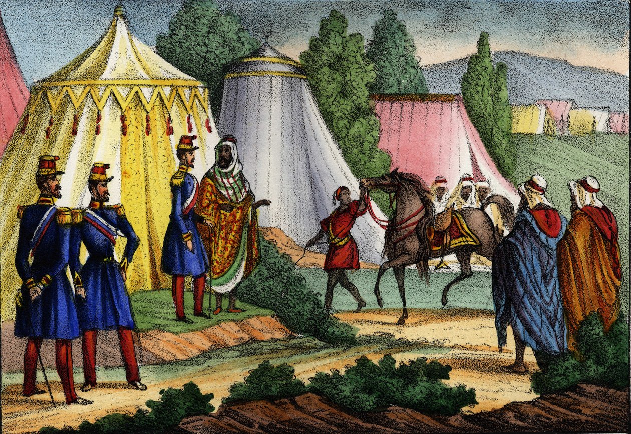 Arab vezető lovat kínál az afrikai francia hadsereg egyik tisztjének, Algériának alkotó: Unknown artist
