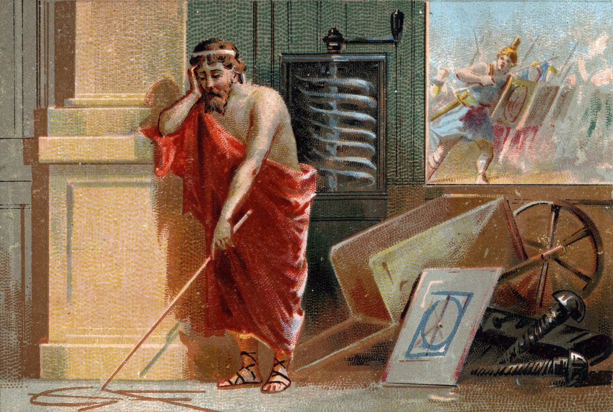 Szirakúzai Arkhimédész (Kr. e. 287-212) geometrikus alakzatokat rajzol a földre, és hamarosan megállnak a római katonák a jelenet alján. Műhelyében különféle találmányait ismerhetjük meg: a csavart és a talicskát. Kromolitográfia a 19. sz alkotó: Unknown artist