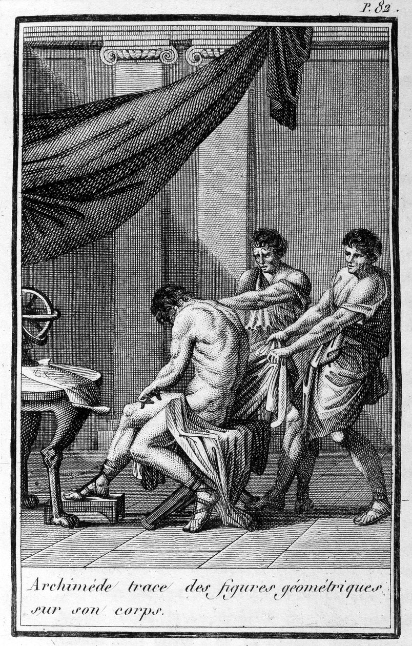 Arkhimédész geometriai alakzatokat nyom a testén. alkotó: Unknown artist