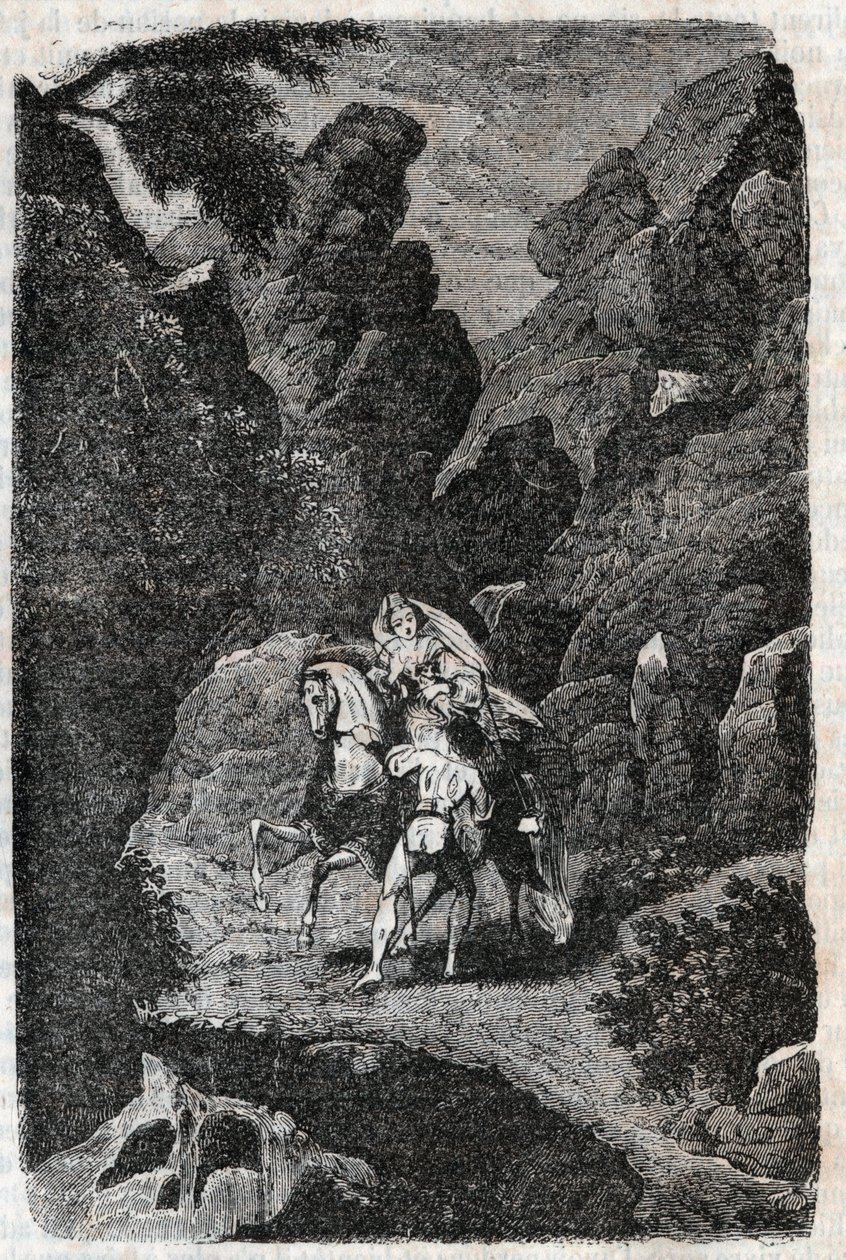 Argie-t a vőlegénye parancsa megtámadta - 1851-es metszet Ludovico Ariostotól: „" Furious Roland" (Orlando furioso) (16. század), Ariosta néven ismert - Tressan gróf olasz nyelvről fordított kiadása, Gustave Harvar kiadása alkotó: Unknown artist