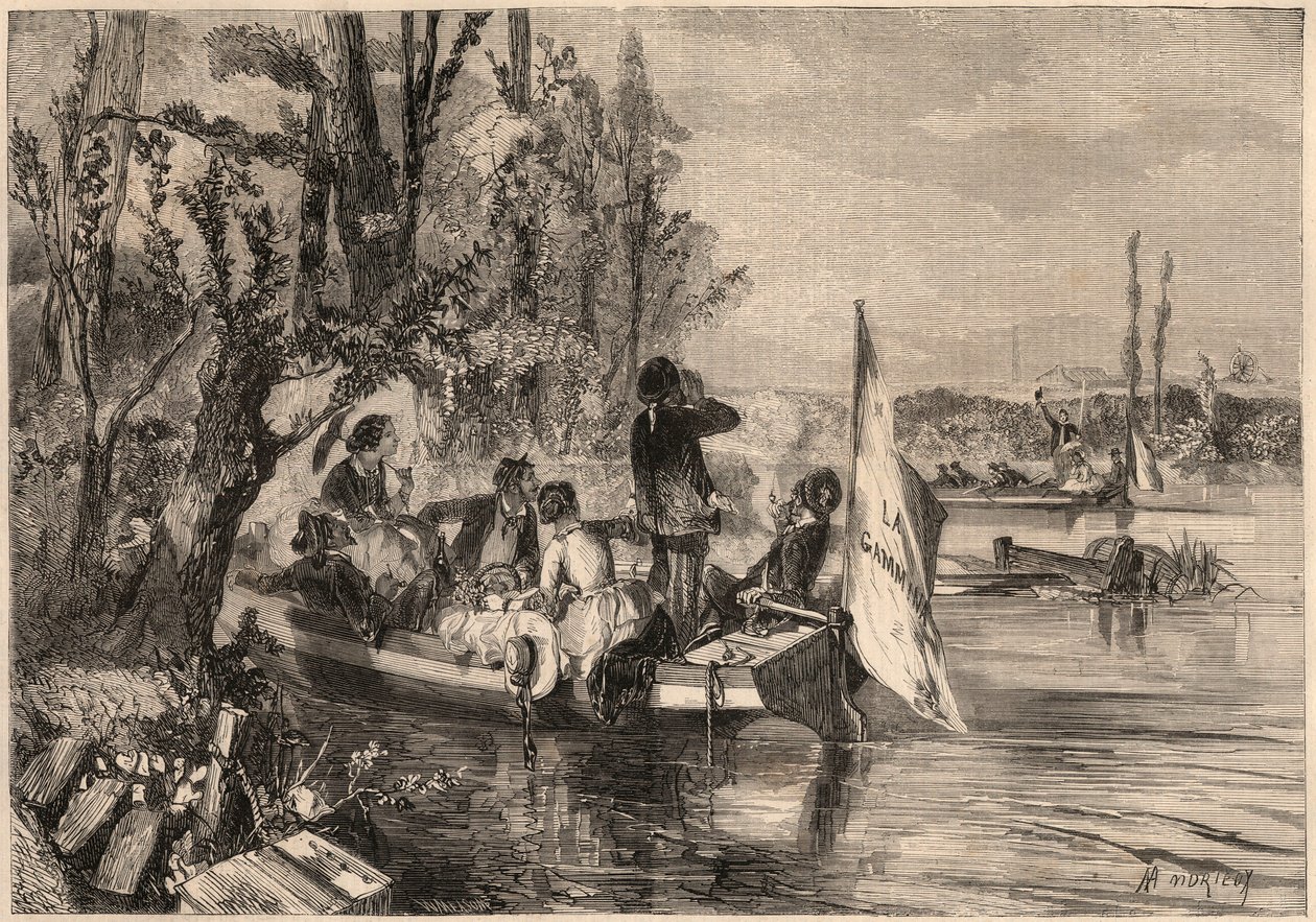1857-ben Párizs környékén. Asnieres-i kenusok. Metszet a „Le Monde illustrious”-ban 1857-ből. Magángyűjtemény. alkotó: Unknown artist