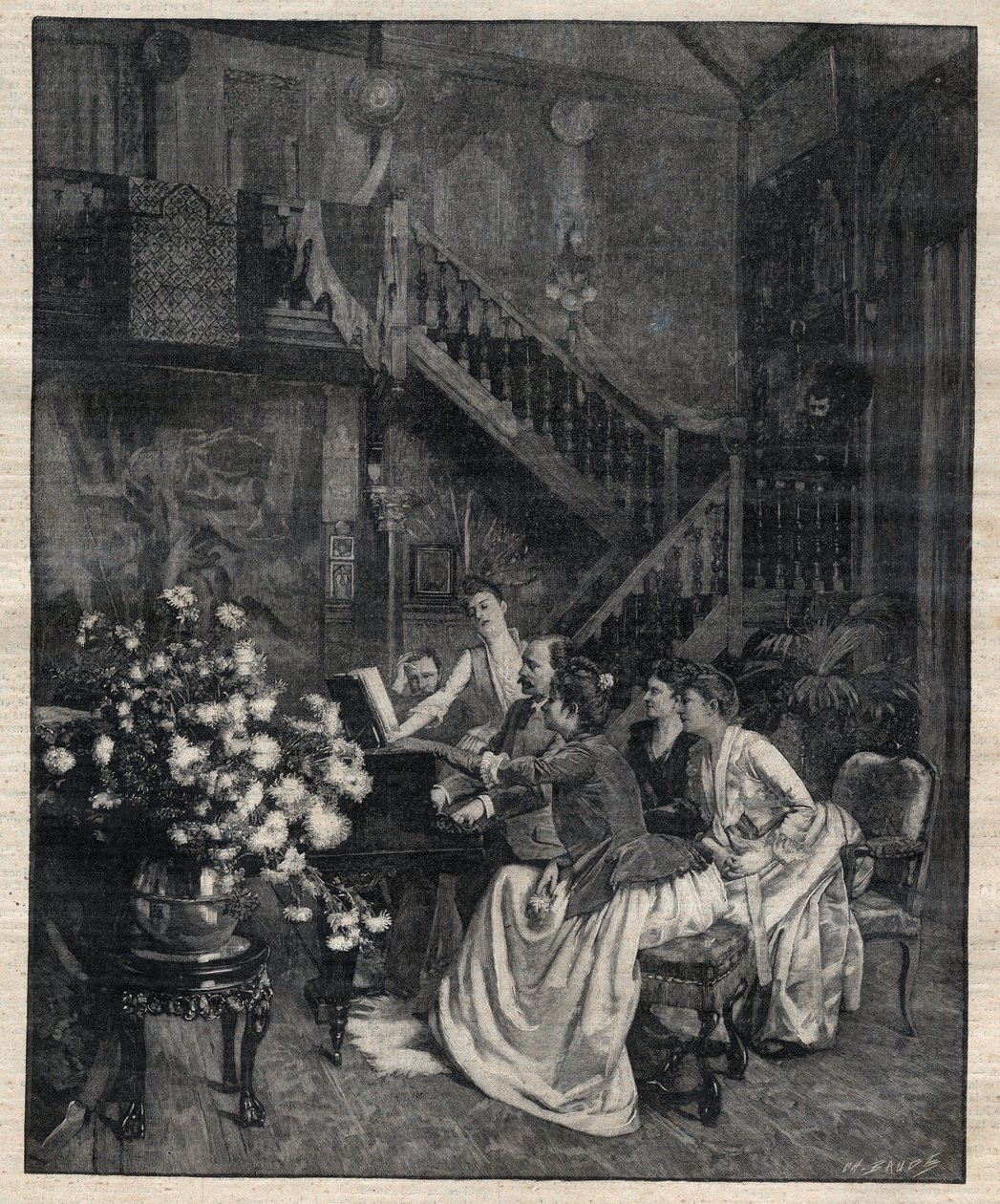 Körülbelül egy partitúra - Jules Massenet (1842-1912), francia zeneszerző, barátaival játszik „Le portrait de Manon” - Metszet a „Le Progres illustrious”-ban 1895-ben alkotó: Unknown artist