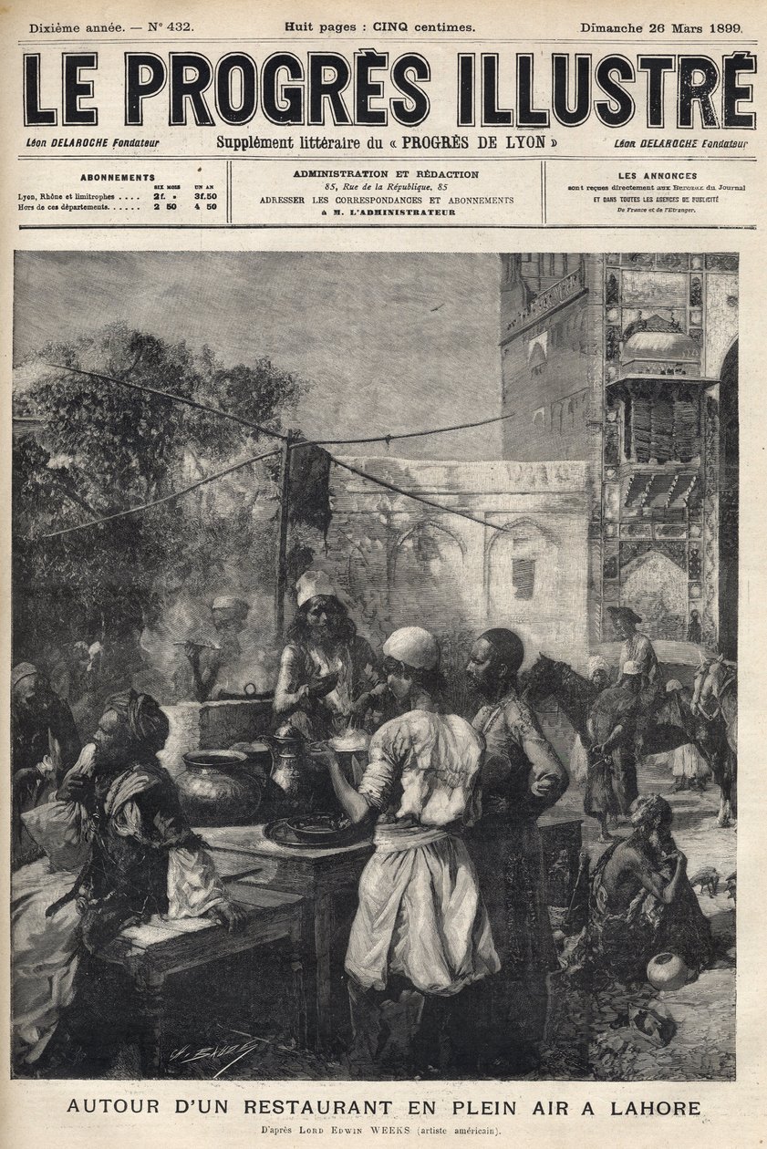Egy szabadtéri étterem körül Lahore-ban, Pakisztánban – az 1899. márciusi „The illustrious progress” borítója – alkotó: Unknown artist