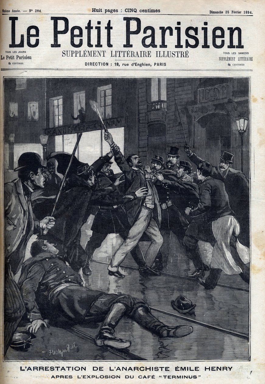 Emile Henry (1872-1894) anarchista letartóztatása a párizsi „Terminus” kávézó felrobbantása után. Metszet a „Le Parisien”-ben alkotó: Unknown artist