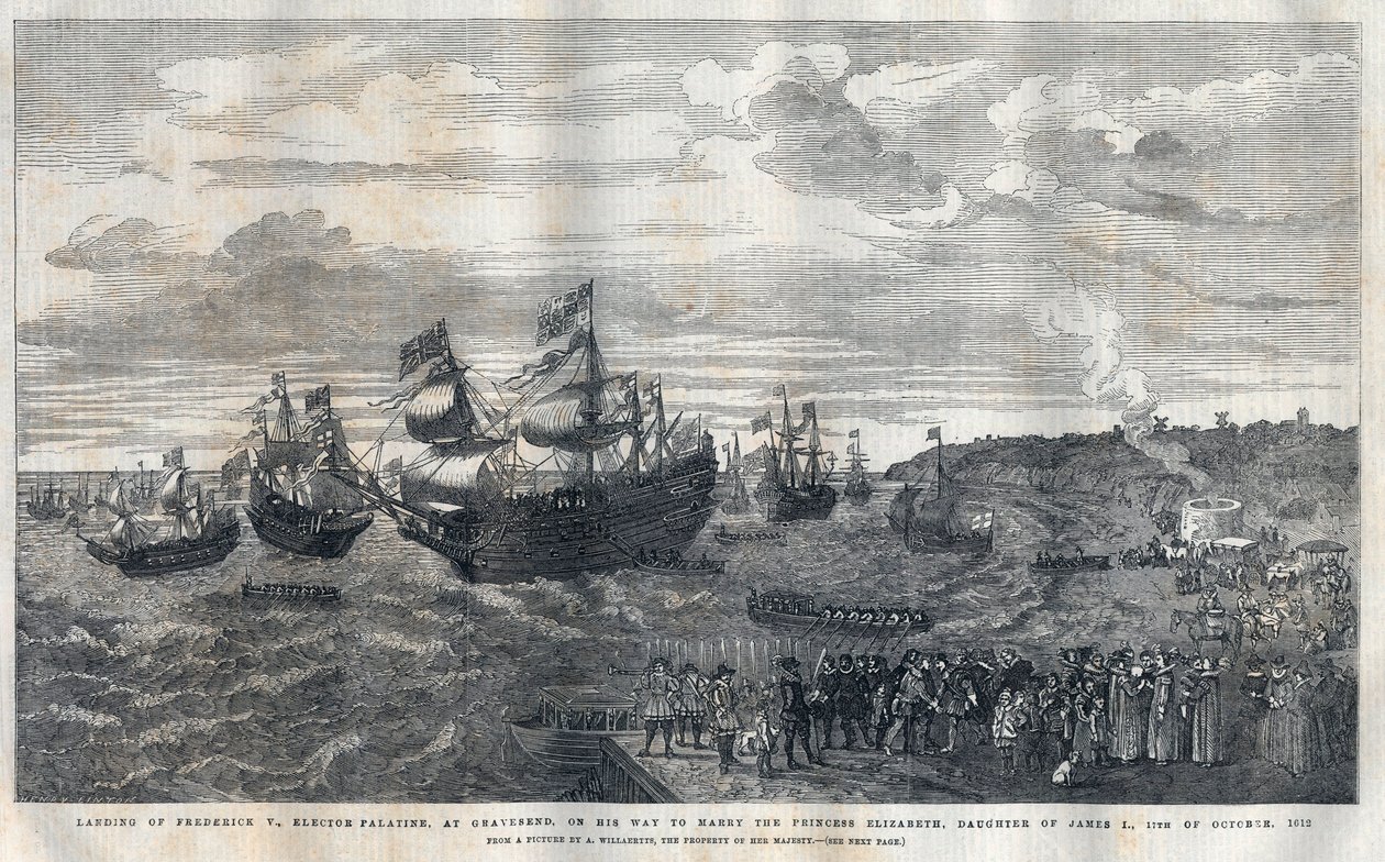 V. Frederique megérkezése Pfalzból (1596-1632) Gravesend kikötőjébe, hogy feleségül vegye Erzsébet angol hercegnőt (1596-1662), I. Jakab király (1566-1625) lányát 1612. október 16-án. James Hay üdvözölte. (Carlisle 1. grófja) (kb. 1580-16 alkotó: Unknown artist
