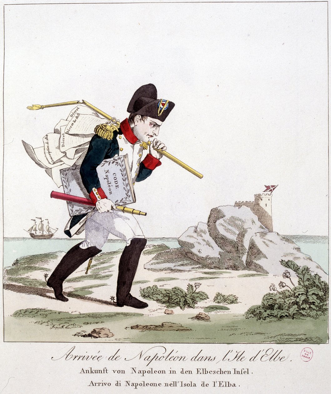 Napóleon érkezése Elba szigetére (Code Napoleon hóna alatt) - „” Napóleon 1., karikatúrák, próbabábu gyűjtemény”, c. 1814 alkotó: Unknown artist