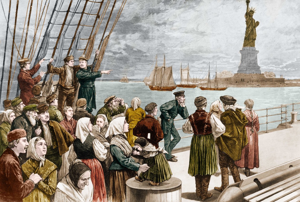 Bevándorlók érkezése New Yorkba 1887-ben (a háttérben a Szabadság-szobor). ©Leemage alkotó: Unknown artist