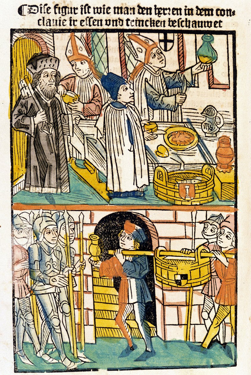 Ételek érkezése, hogy a konstanzi zsinat (1417) tagjai étkezhessenek, amelynek során V. Márton pápát választották. „Das Concilium” alkotó: Unknown artist
