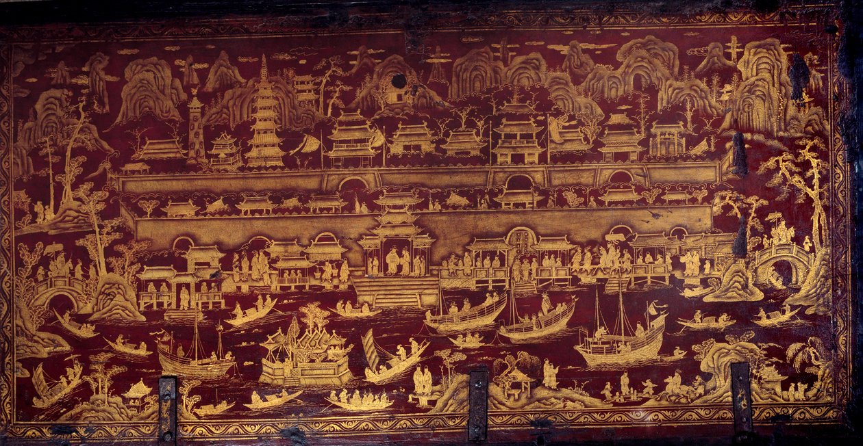A portugálok érkezése Nanjingba (Nanjing vagy Namquin), Kínába. Vörös és arany festékkel borított dobozborító. 17. század. Porto, Nemzeti Múzeum alkotó: Unknown artist