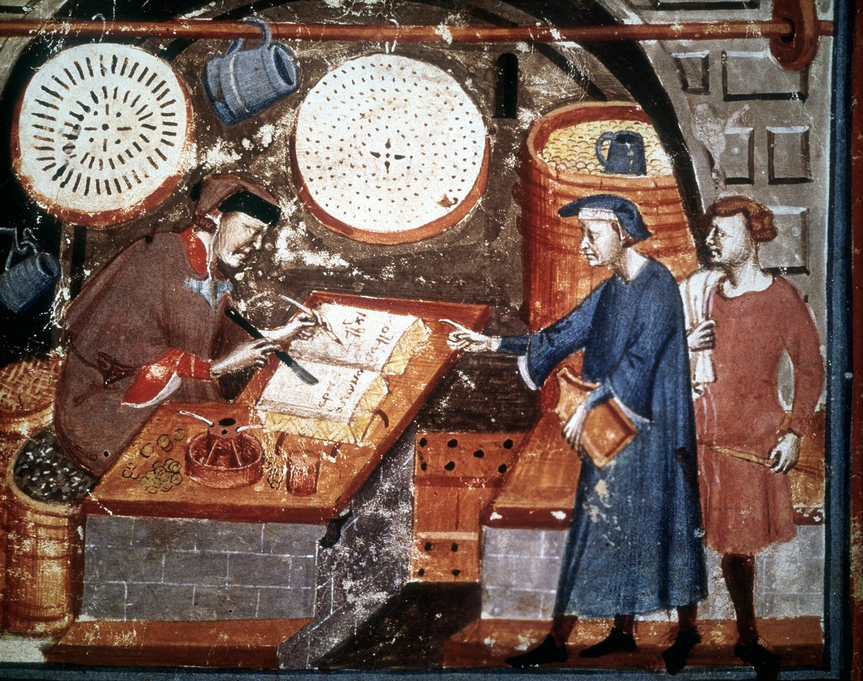 Kézműves bolt a 14. században. Miniatűr kézirat a 14. századból. Biblioteca Medicea Laurenziana, Firenze. alkotó: Unknown artist