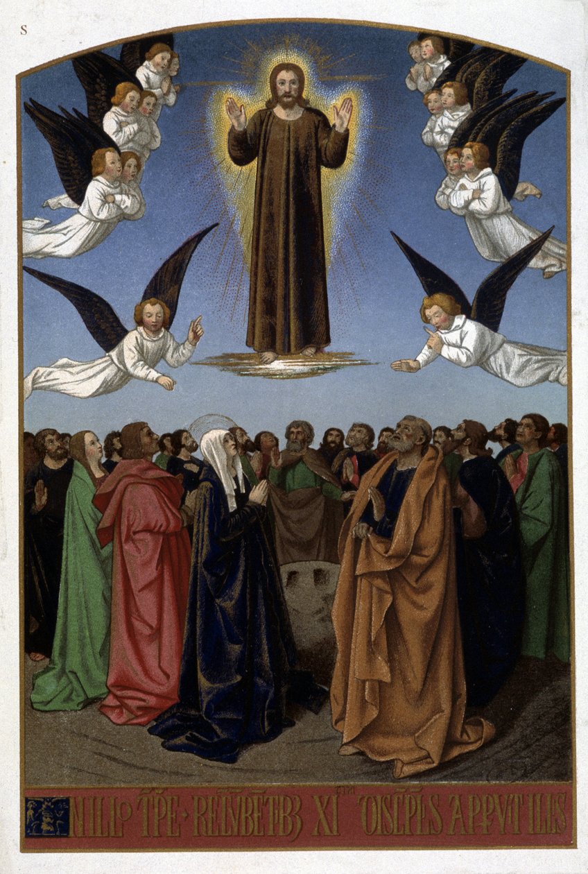 Krisztus mennybemenetele (Angyalok, József, Szűz), sz. századi dokumentumból. alkotó: Unknown artist
