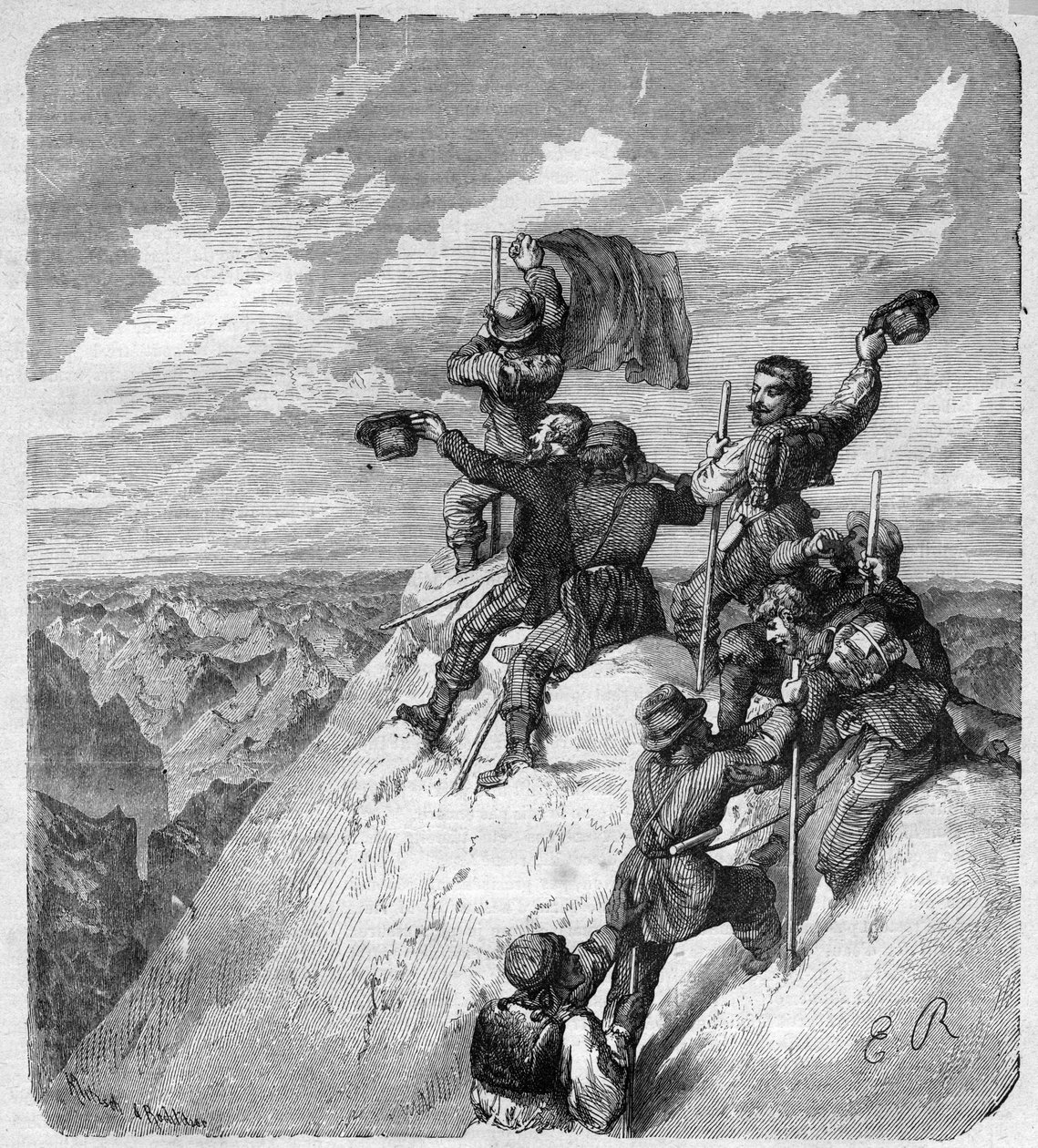 Az Illimani mennybemenetele (6,439 m) (Nevado Illimani, Párizs csúcsa) Charles Wiener (1851-1913) francia felfedező, diplomata és társai – metszet a Journal des voyages”-be” 1887 alkotó: Unknown artist