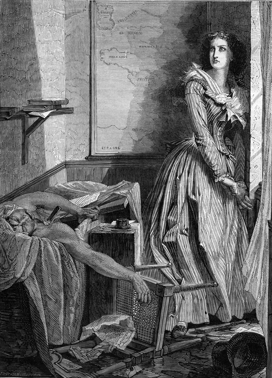 Jean Paul Marat (1743-1793) meggyilkolása Charlotte Corday (1768-1793) által 1793. július 13-án Párizsban. Metszet 1860-ból. alkotó: Unknown artist