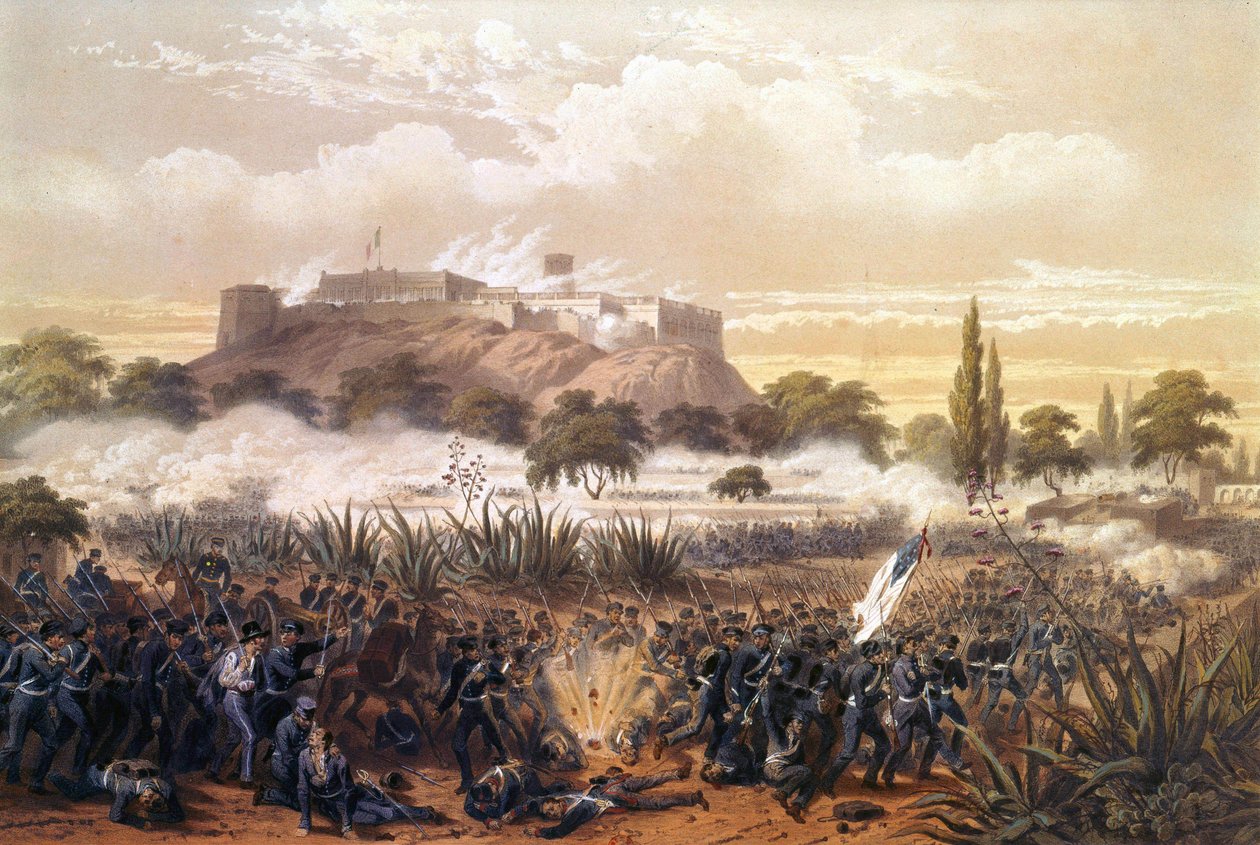 Chapultepec megtámadása 1847 szeptemberében az Egyesült Államok és Mexikó közötti háború során. Metszet 1850-ből. alkotó: Unknown artist