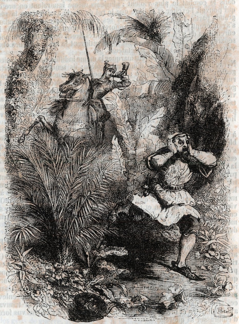 Astolphe menekülésre készteti Caligorant - 1851-es metszet Ludovico Ariosto „" Furious Roland" (Orlando furioso) (16. század) -ból, Ariosto néven ismert - Tressan gróf olasz nyelvről fordított kiadása, Gustave Harvard 1851. alkotó: Unknown artist